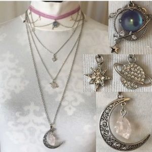 "The Pink Planet" Handmade 4-Layer Outer Space Necklace, Silver Stars, Moon